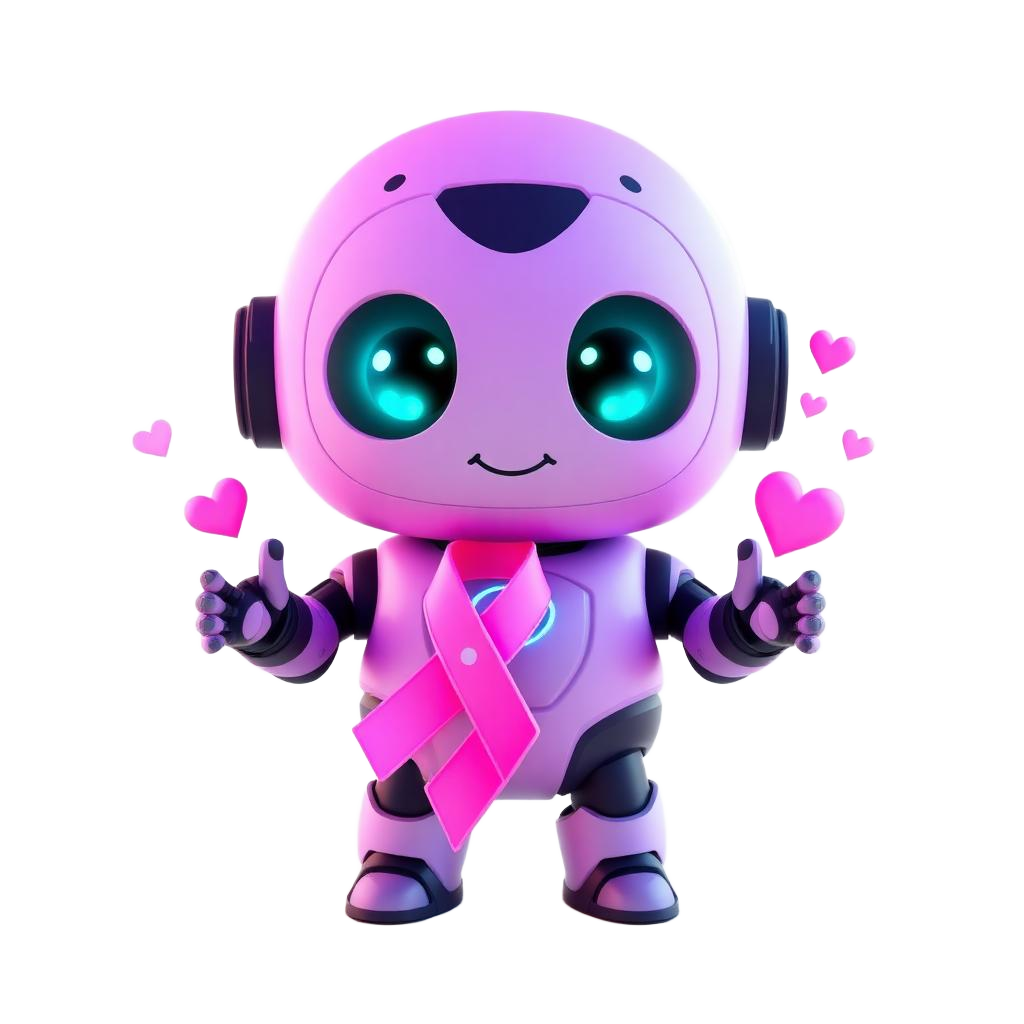 Cancercoin lovable AI robot mascot holding a pink cancer ribbon